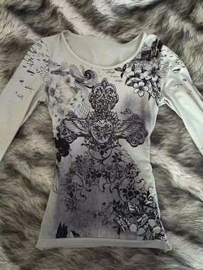 Women’s Affliction White Graphic Long Sleeve Top with Black Cross